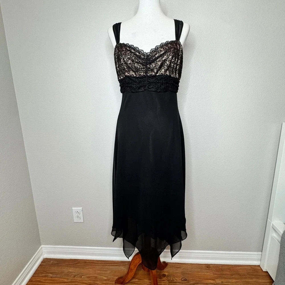 EVAN PICONE Cocktail Black Midi Dress 10 Lace Bodice Handkerchief Hem Formal - Picture 1 of 9